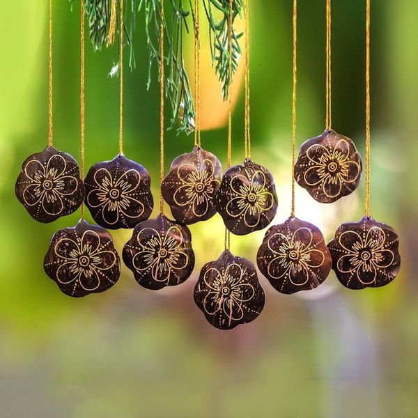 Alternate image for Floral Coconut Shell Ornaments from Bali Set of 10 Dawn Flowers