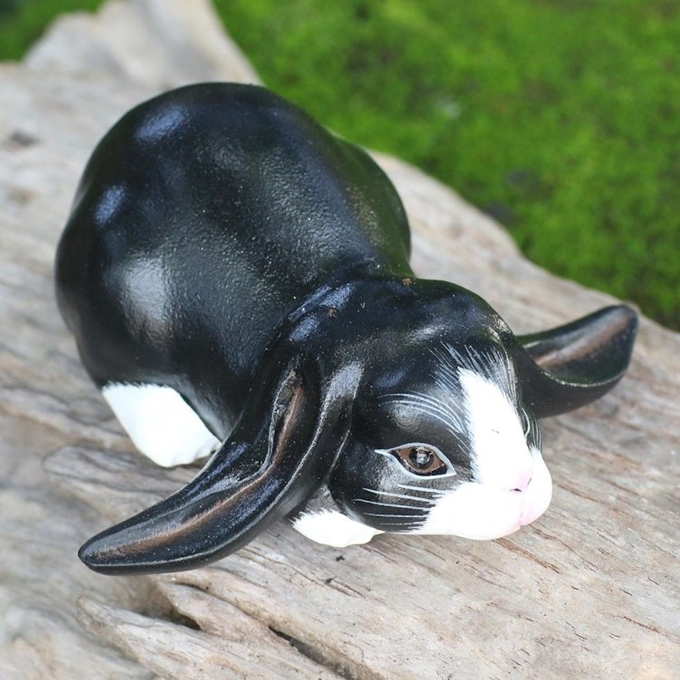 Balinese Signed Black White Lop-Eared Rabbit Sculpture 'Lop-Eared Dutch Bunny'