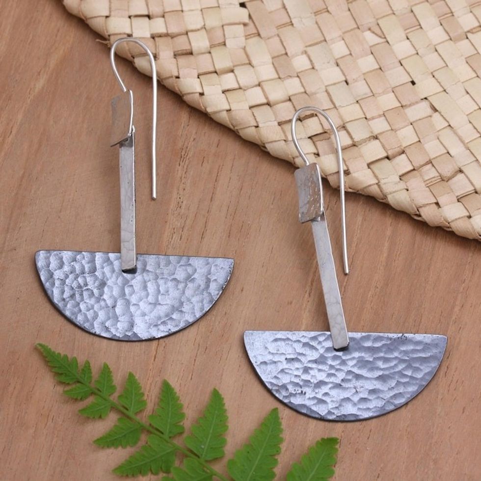 Modern Dark Sterling Silver and Copper Dangle Earrings 'Dark Half-Circle Modernity'