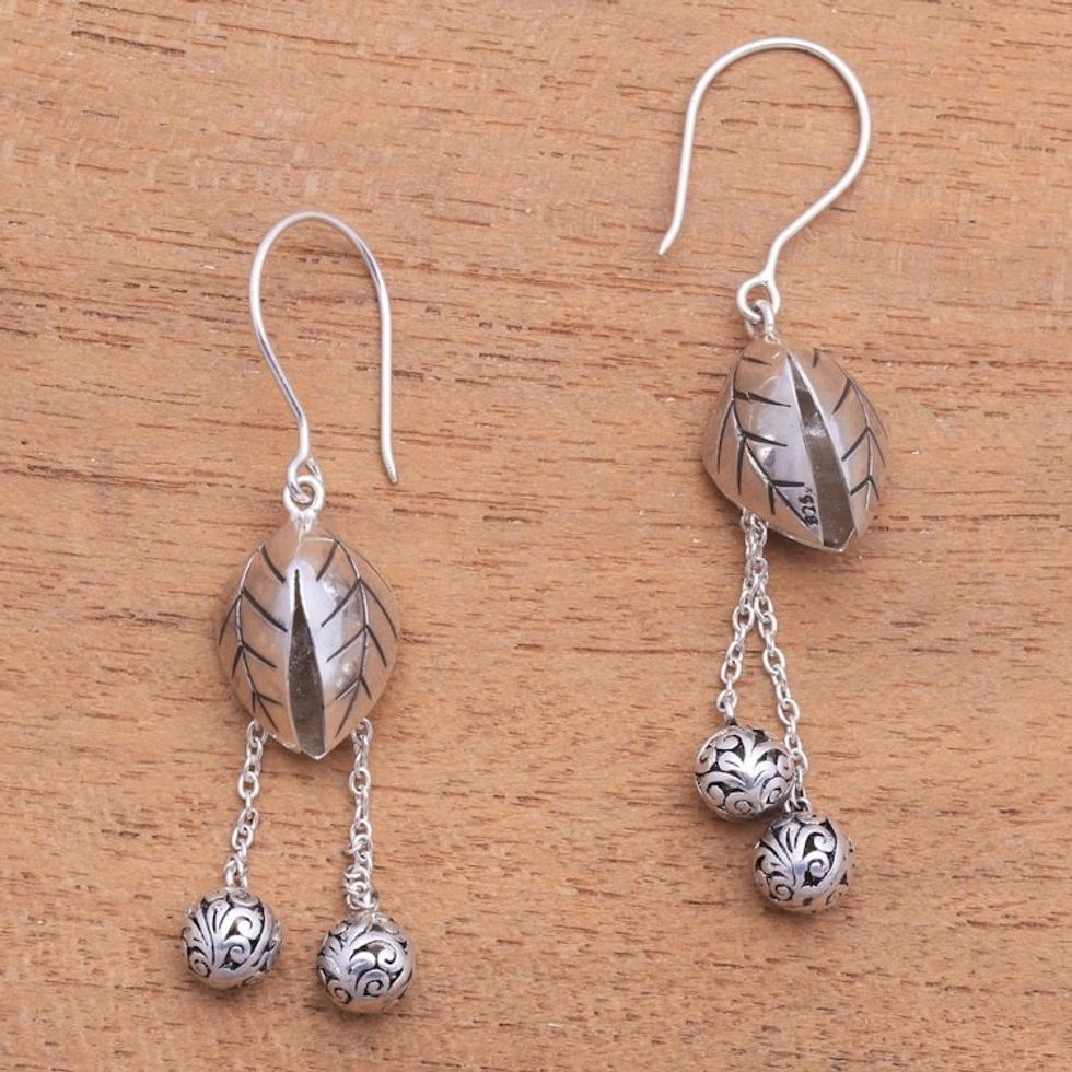 Leafy Sterling Silver Dangle Earrings Crafted in Bali 'Leafy Dew'