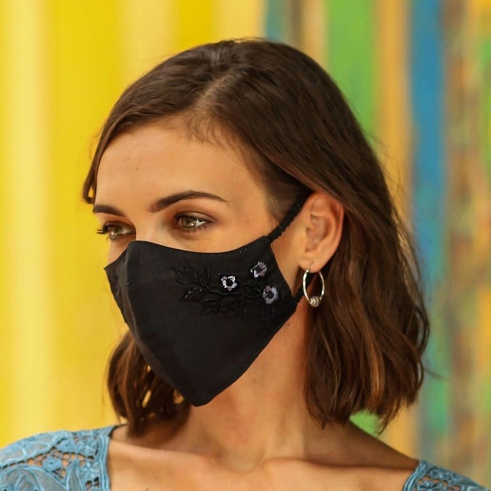 3 Cotton Contoured Face Masks with Floral Embroidery 'Quiet Floral Trio'