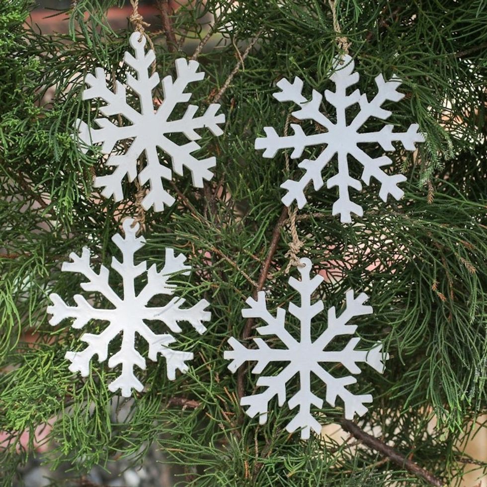 White Snowflake Wood Ornaments from Bali Set of 4 'White Snowflakes'
