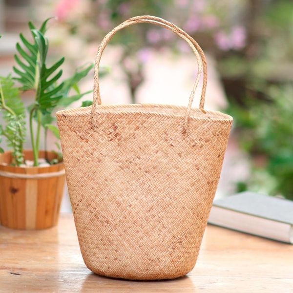 Alternate image for Handwoven Natural Tan Rattan Open Top Tote Natural Tan