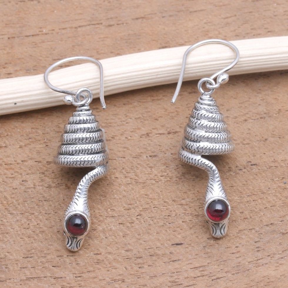 Snake-Shaped Garnet Dangle Earrings from Bali 'Coiled Snakes'