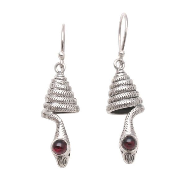 Alternate image for Snake-Shaped Garnet Dangle Earrings from Bali Coiled Snakes