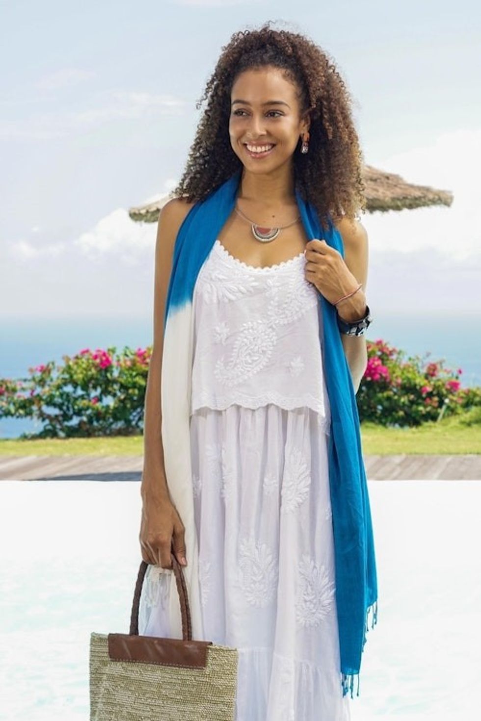 Blue and White Hand Crafted Rayon Shawl 'Night and Day'