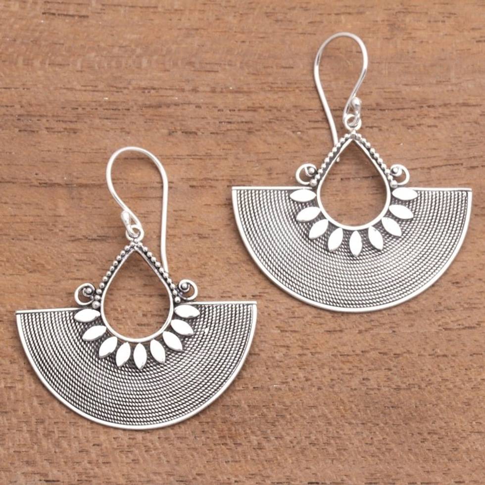 Ornate Fan Shaped Balinese Silver Dangle Earrings 'Fan Dance'