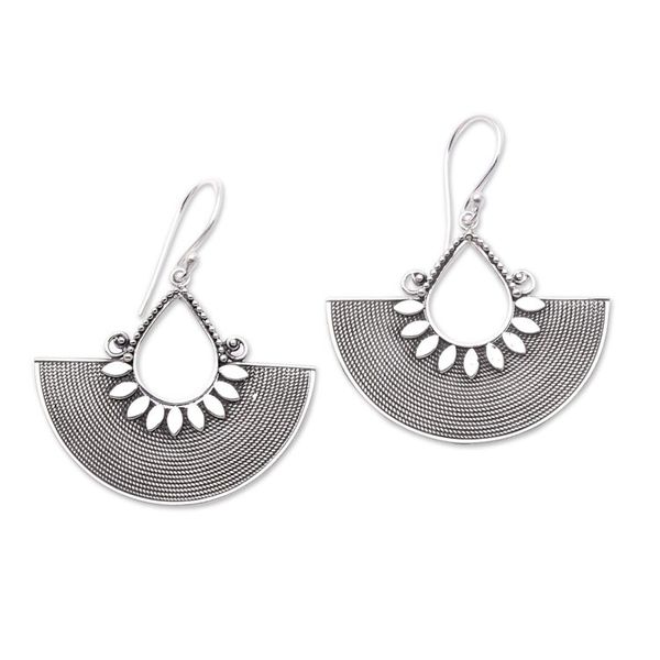 Alternate image for Ornate Fan Shaped Balinese Silver Dangle Earrings Fan Dance