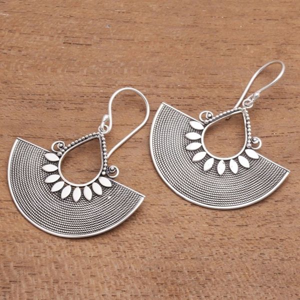 Alternate image for Ornate Fan Shaped Balinese Silver Dangle Earrings Fan Dance