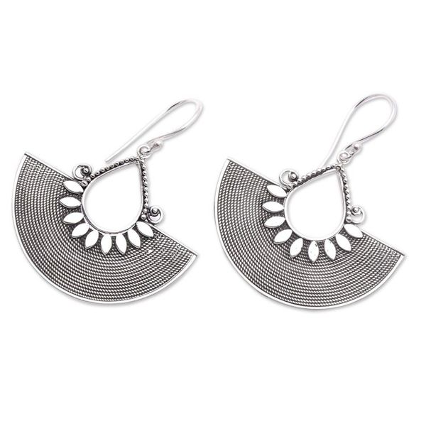 Alternate image for Ornate Fan Shaped Balinese Silver Dangle Earrings Fan Dance