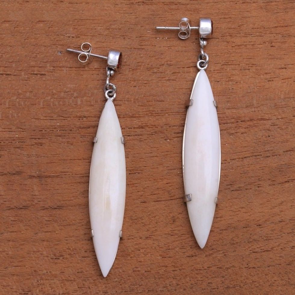 Handmade Bone and Garnet Dangle Earrings from Bali 'Beautiful Canoes'