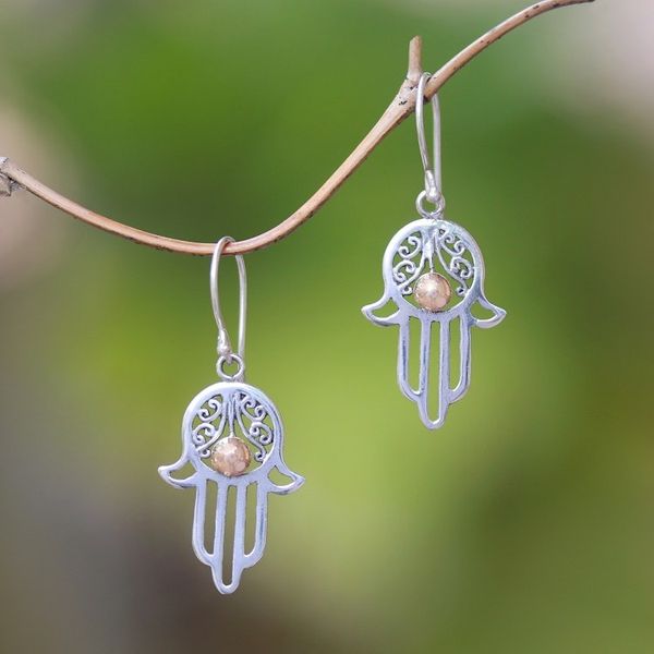 Alternate image for Gold Accented Sterling Silver Hamsa Dangle Earrings Hamsa Gleam