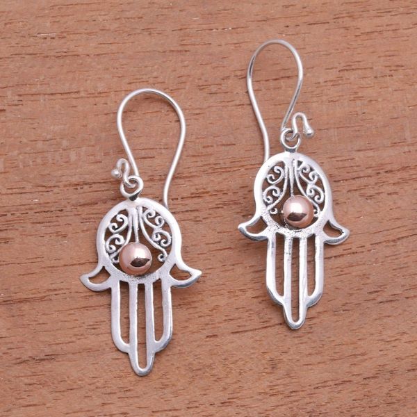 Alternate image for Gold Accented Sterling Silver Hamsa Dangle Earrings Hamsa Gleam