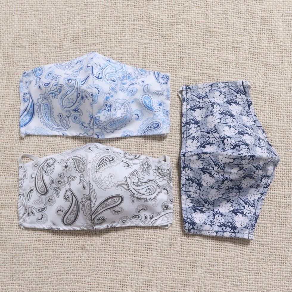 3 Contoured Blue Grey Print Double Cotton Masks 'Pretty Prints and Paisley'