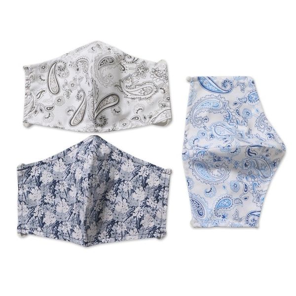 Alternate image for 3 Contoured Blue Grey Print Double Cotton Masks Pretty Prints and Paisley