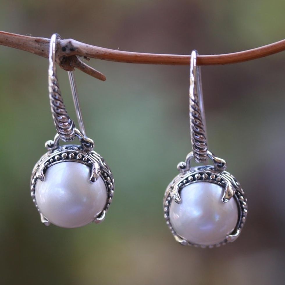 Round Cultured Pearl Dangle Earrings from Bali 'Glowing Eyes'