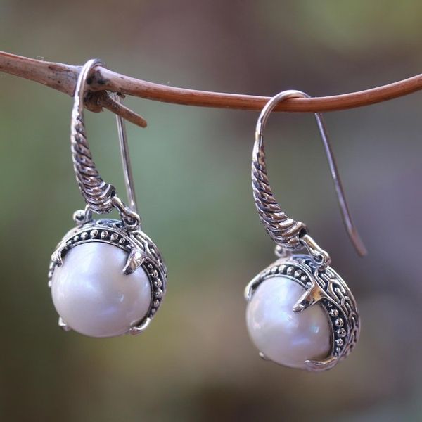 Alternate image for Round Cultured Pearl Dangle Earrings from Bali Glowing Eyes