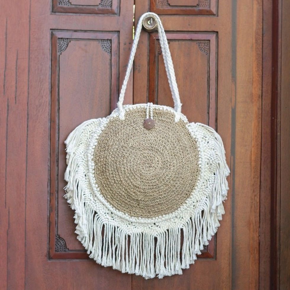 Handmade Natural Fiber and Cotton Shoulder Bag 'Ivory Fringe'