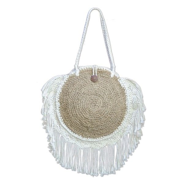 Alternate image for Handmade Natural Fiber and Cotton Shoulder Bag Ivory Fringe