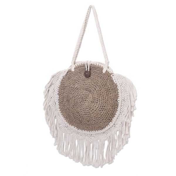 Alternate image for Handmade Natural Fiber and Cotton Shoulder Bag Ivory Fringe