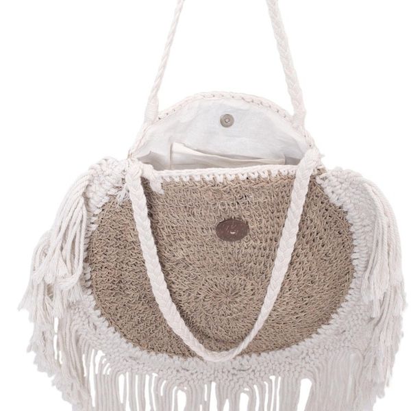 Alternate image for Handmade Natural Fiber and Cotton Shoulder Bag Ivory Fringe