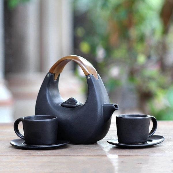 Alternate image for Balinese Matte Black Ceramic Tea Set with Teak Handle Resting Cloud in Black