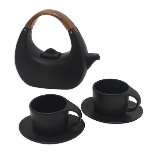 Alternate image for Balinese Matte Black Ceramic Tea Set with Teak Handle Resting Cloud in Black