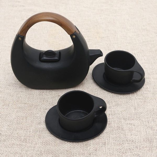 Alternate image for Balinese Matte Black Ceramic Tea Set with Teak Handle Resting Cloud in Black