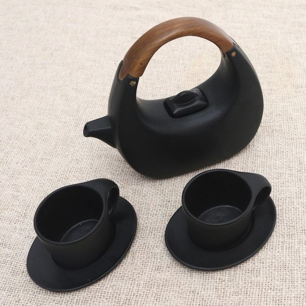 Alternate image for Balinese Matte Black Ceramic Tea Set with Teak Handle Resting Cloud in Black