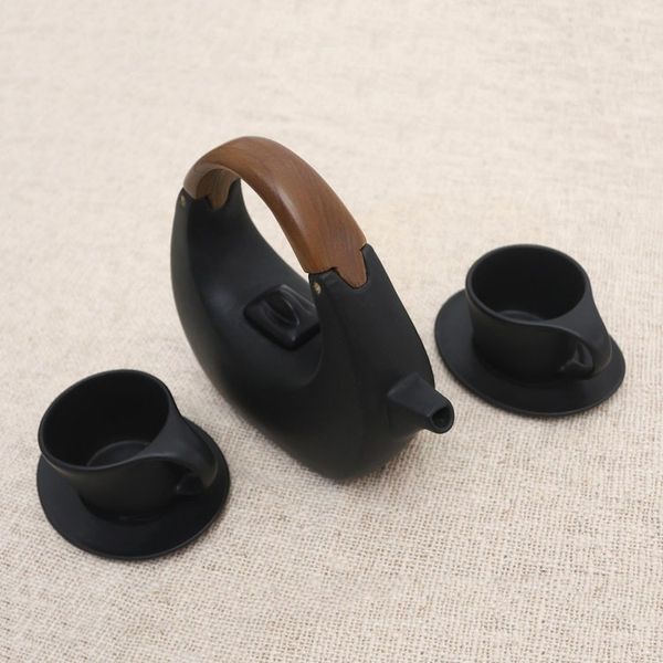 Alternate image for Balinese Matte Black Ceramic Tea Set with Teak Handle Resting Cloud in Black