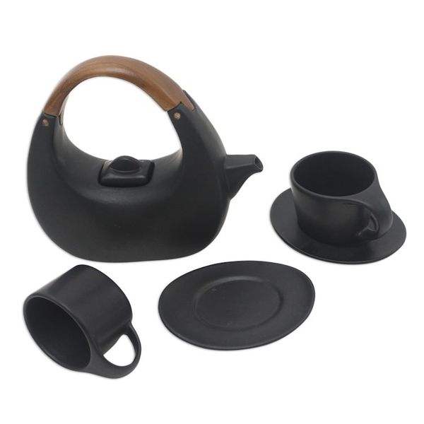 Alternate image for Balinese Matte Black Ceramic Tea Set with Teak Handle Resting Cloud in Black
