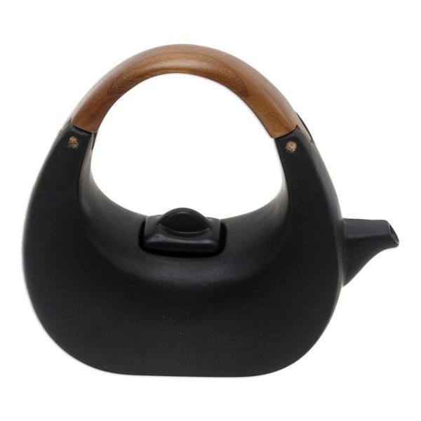Alternate image for Balinese Matte Black Ceramic Tea Set with Teak Handle Resting Cloud in Black
