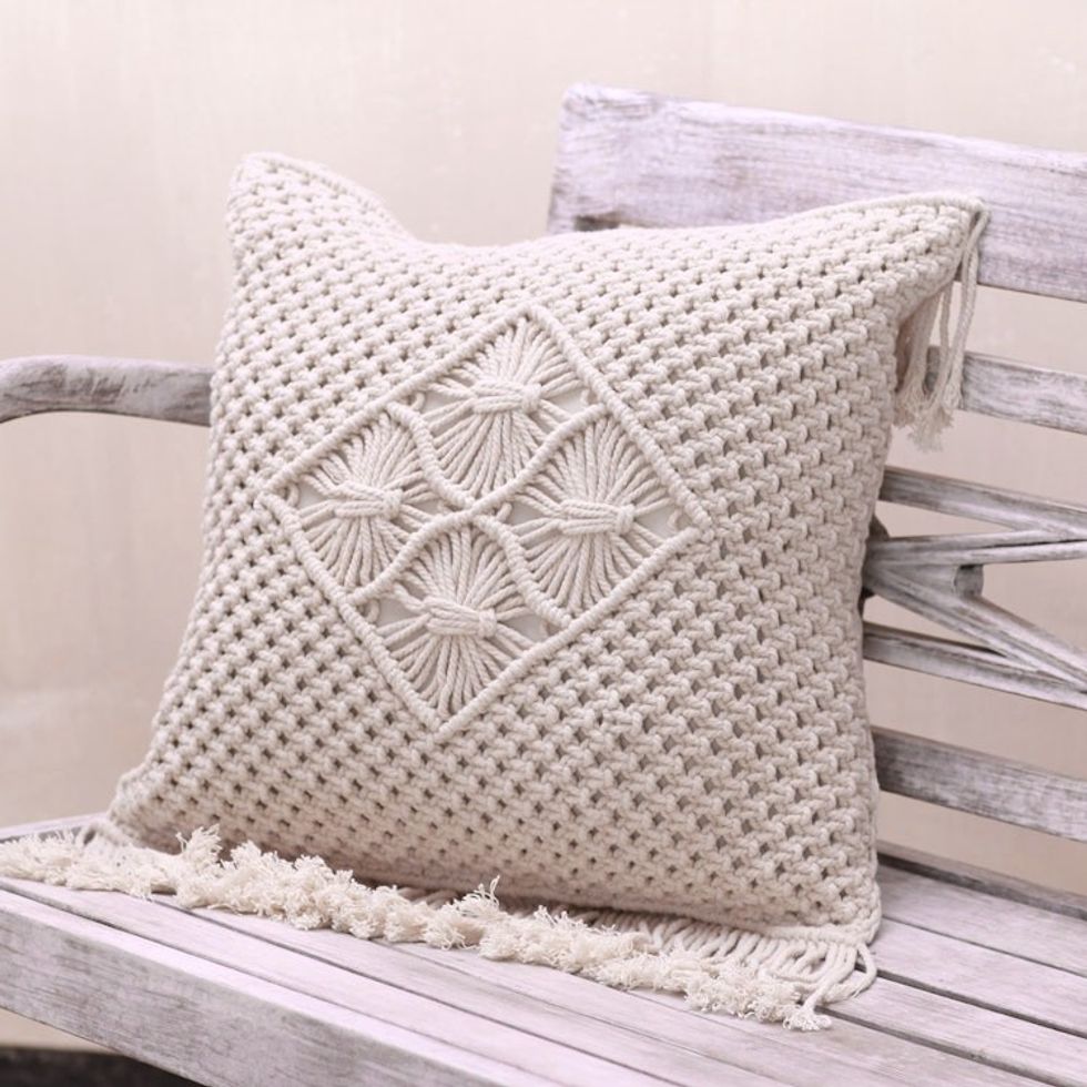 Handcrafted Eggshell Cotton Cushion Cover from Bali 'Center of Attention'