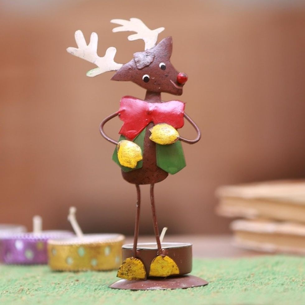 Handcrafted Steel Rudolph Tealight Holder from Bali 'Dapper Reindeer'