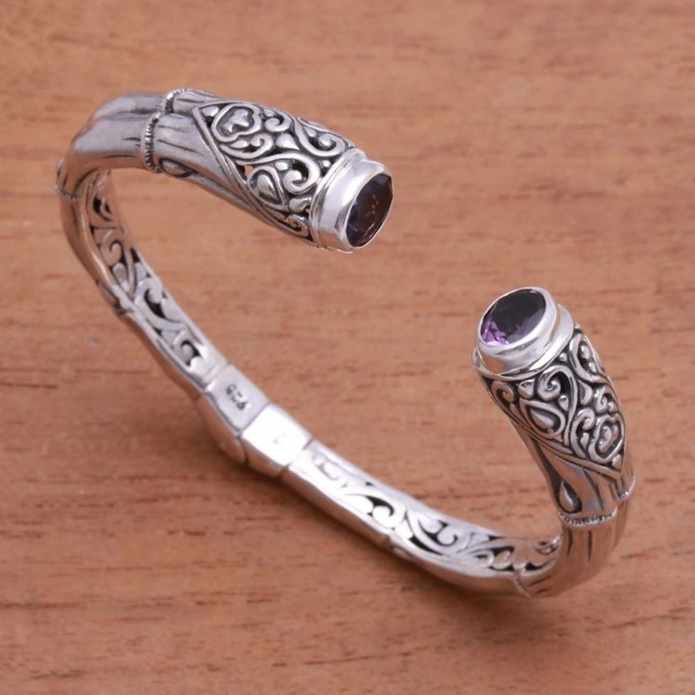 Balinese Bamboo-Shaped Amethyst Cuff Bracelet 'Old Bamboo'