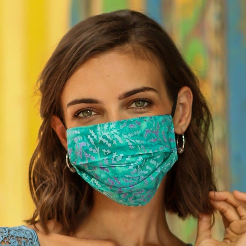 3 Handmade Blue-Pink-Red Rayon Batik Pleated Face Masks 'Colorful Tropics'