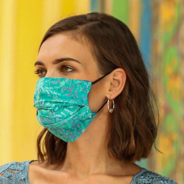Alternate image for 3 Handmade Blue-Pink-Red Rayon Batik Pleated Face Masks Colorful Tropics