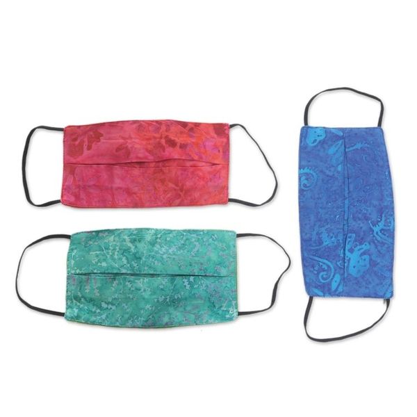 Alternate image for 3 Handmade Blue-Pink-Red Rayon Batik Pleated Face Masks Colorful Tropics