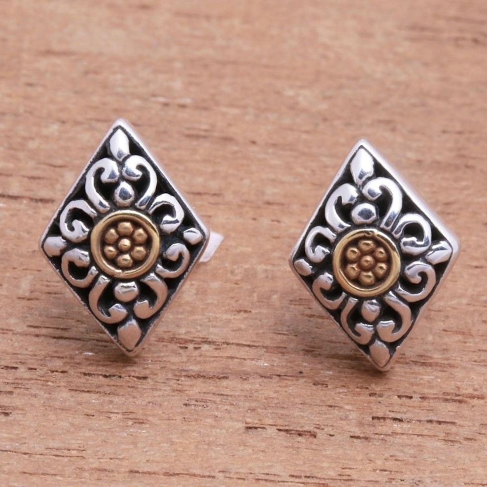 Kite-Shaped Gold Accented Sterling Silver Button Earrings 'Kite Bouquet'