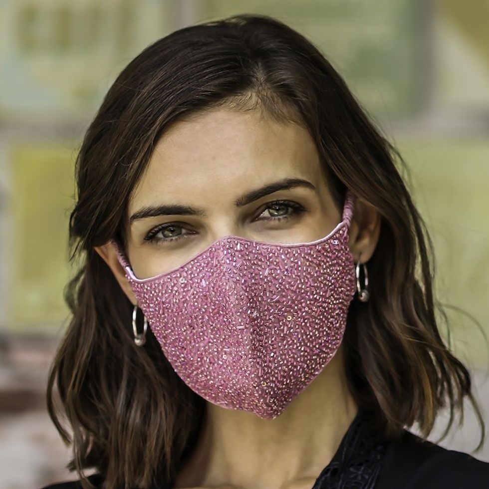 2 Hand Beaded Cotton Contoured Face Masks in Black and Pink 'Feminine Glam'