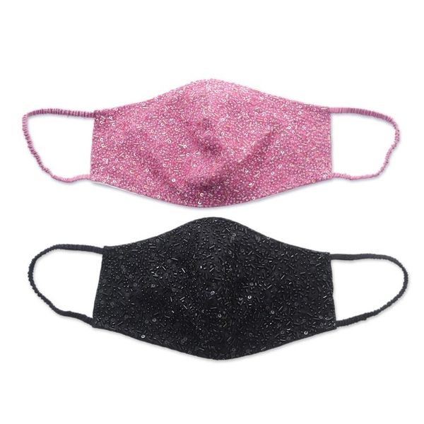 Alternate image for 2 Hand Beaded Cotton Contoured Face Masks in Black and Pink Feminine Glam