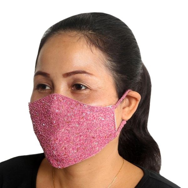Alternate image for 2 Hand Beaded Cotton Contoured Face Masks in Black and Pink Feminine Glam