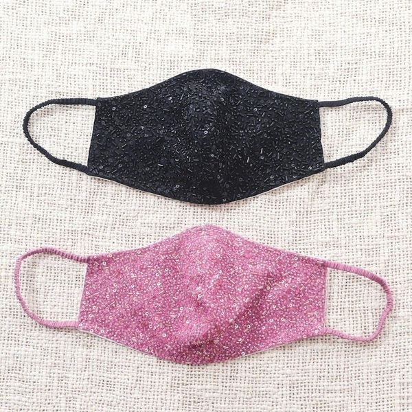 Alternate image for 2 Hand Beaded Cotton Contoured Face Masks in Black and Pink Feminine Glam
