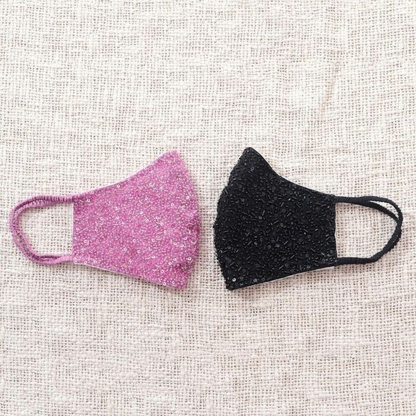 Alternate image for 2 Hand Beaded Cotton Contoured Face Masks in Black and Pink Feminine Glam
