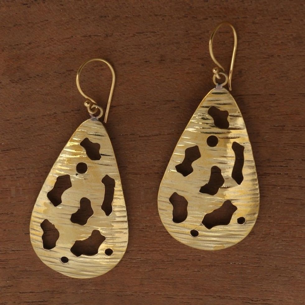 Abstract Motif Brass Dangle Earrings from Bali 'Abstract Drops'