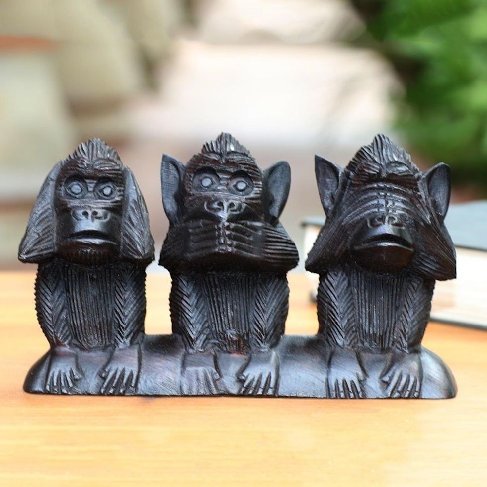 Three Wise Monkeys Wood Statuette from Bali 'Wise Monkey Trio'