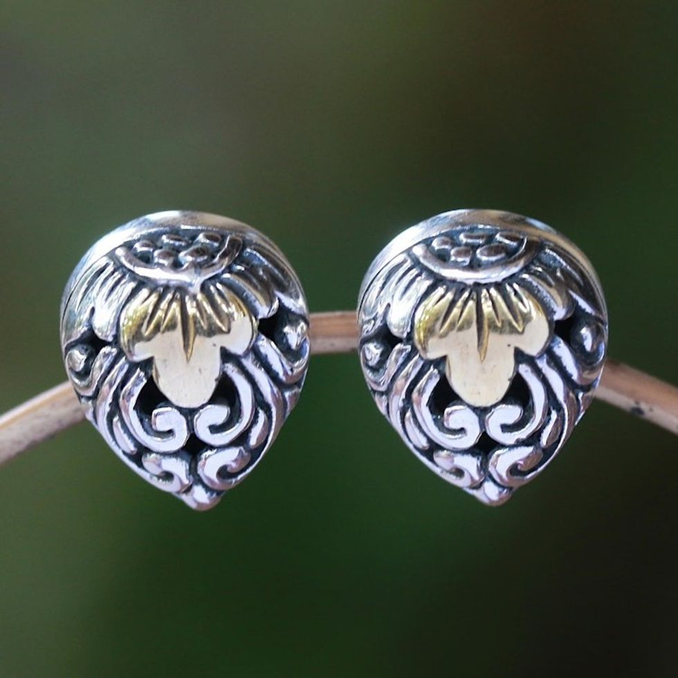 Vine Pattern Gold Accented Sterling Silver Stud Earrings 'Royal Glam'