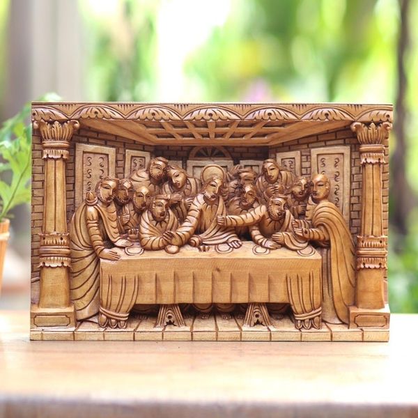 Alternate image for Last Supper Carved Acacia Wood Relief Panel The Last Supper