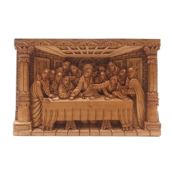 Alternate image for Last Supper Carved Acacia Wood Relief Panel The Last Supper