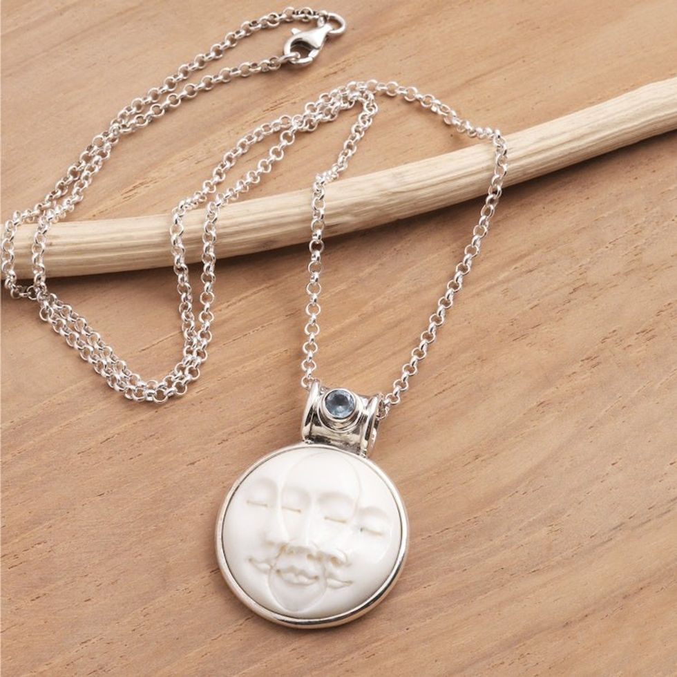 Blue Topaz and Sterling Silver Moon Pendant Necklace 'Moon Phase Faces'